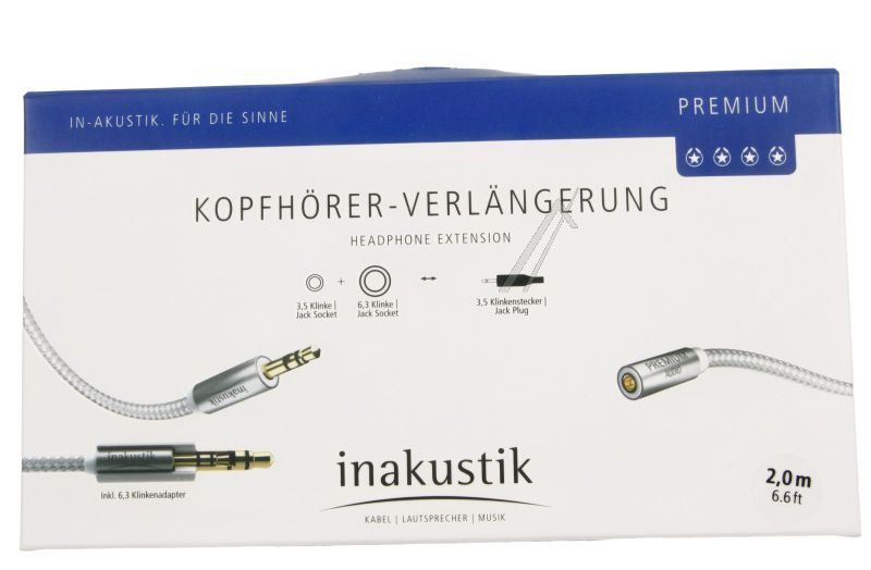 PREMIUM-II 00410202 HOOFDTELEFOON-VERLENGKABEL 3,5MM. JACK-STEKER / 3,5MM. JACK-CONTRA, L: 2,0MTR.