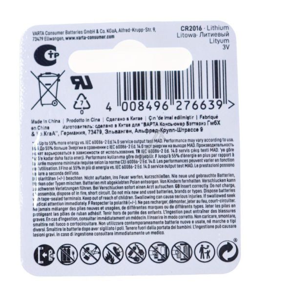 CR2016 6016101401 3,0V-90MA LITHIUM KNOOPCEL 20X1,6MM.  geschikt voor VARTA