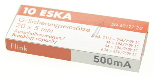 0,5A-F ZEKERING SNEL,  5X20MM.,  INH:10 ST. ROHS-CONFORM