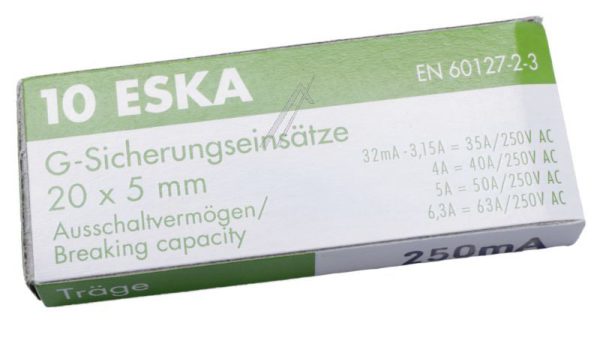 0,25A-T ZEKERING,  TRAAG,  5X20MM. INH:10 ST. ROHS-CONFORM
