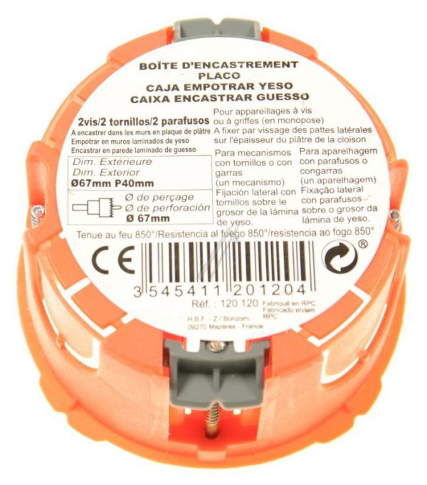 120120 BOITE PLACO Ø 65 P.40MM POUR APPAREILLAGE VIS ET GRIFFRES LI