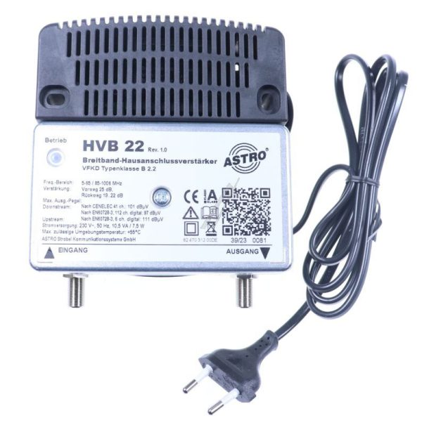 HVB 22 00217369 BREITBANDVERSTÄRKER MIT 65 MHZ RÜCKWEG,  VORWEG BIS 1006 MHZ,  VERSTÄRKUNG VORWEG 25 DB,  AUSGANGSPEGEL VORWEG 97 DBΜV,  INT